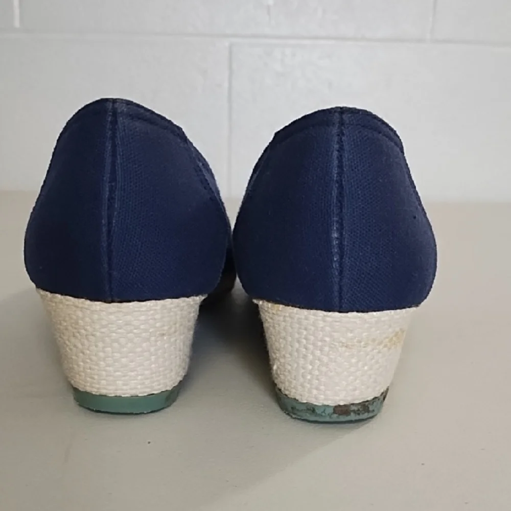 Casual Navy Canvas Espadrilles with Roped Low Wedge Heel Shoes